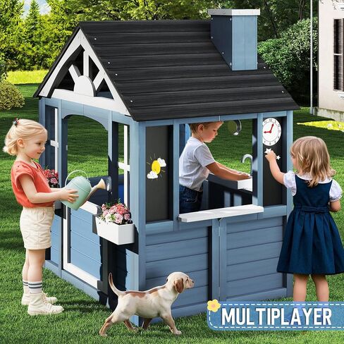 Kids Outdoor Playhouse ، Cedar Wooden Kids Playhouse مع المطبخ للعب ، باب الحيوانات الأليفة ، الحوض ، الموقد ، أدوات الطهي ، النوافذ ، حاملي زهرة ، رنين باب ، منزل يلعب في الفناء الخلفي in Kuwait