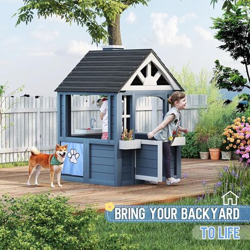 Kids Outdoor Playhouse ، Cedar Wooden Kids Playhouse مع المطبخ للعب ، باب الحيوانات الأليفة ، الحوض ، الموقد ، أدوات الطهي ، النوافذ ، حاملي زهرة ، رنين باب ، منزل يلعب في الفناء الخلفي in Kuwait