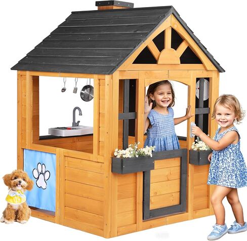 Jocoevol Kids Outdoor Playhouse, Cedar Wooden Kids Playhouse with Play Kitchen, Pet Door, Sink, Stove, Cookware, Windows, Flowerpot Holders, Ringing doorbell, Cottage Play House for Backyard in Kuwait