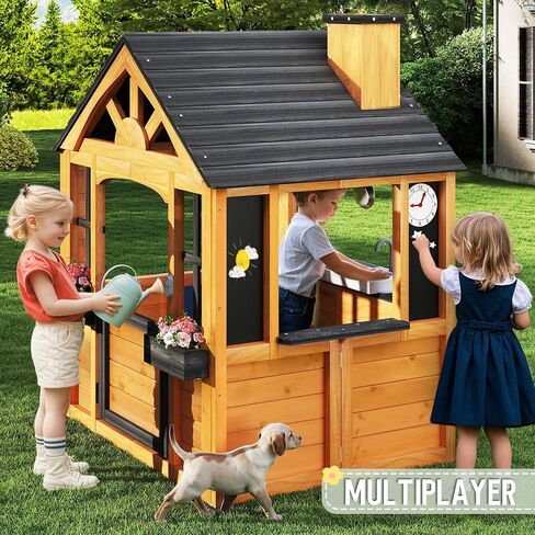 Jocoevol Kids Outdoor Playhouse, Cedar Wooden Kids Playhouse with Play Kitchen, Pet Door, Sink, Stove, Cookware, Windows, Flowerpot Holders, Ringing doorbell, Cottage Play House for Backyard in Kuwait
