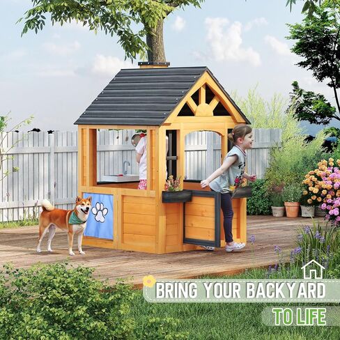 Jocoevol Kids Outdoor Playhouse, Cedar Wooden Kids Playhouse with Play Kitchen, Pet Door, Sink, Stove, Cookware, Windows, Flowerpot Holders, Ringing doorbell, Cottage Play House for Backyard in Kuwait