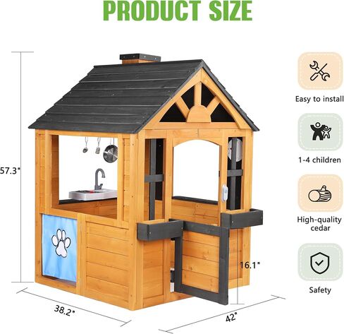 Jocoevol Kids Outdoor Playhouse, Cedar Wooden Kids Playhouse with Play Kitchen, Pet Door, Sink, Stove, Cookware, Windows, Flowerpot Holders, Ringing doorbell, Cottage Play House for Backyard in Kuwait