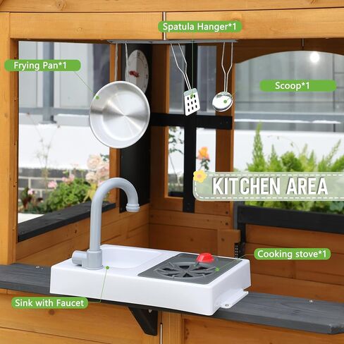 Jocoevol Kids Outdoor Playhouse, Cedar Wooden Kids Playhouse with Play Kitchen, Pet Door, Sink, Stove, Cookware, Windows, Flowerpot Holders, Ringing doorbell, Cottage Play House for Backyard in Kuwait