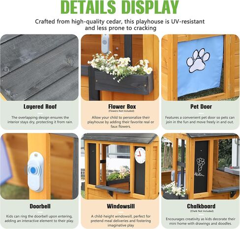 Jocoevol Kids Outdoor Playhouse, Cedar Wooden Kids Playhouse with Play Kitchen, Pet Door, Sink, Stove, Cookware, Windows, Flowerpot Holders, Ringing doorbell, Cottage Play House for Backyard in Kuwait