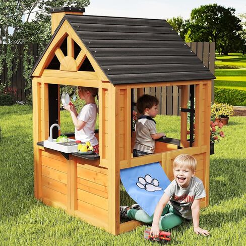 Jocoevol Kids Outdoor Playhouse, Cedar Wooden Kids Playhouse with Play Kitchen, Pet Door, Sink, Stove, Cookware, Windows, Flowerpot Holders, Ringing doorbell, Cottage Play House for Backyard in Kuwait