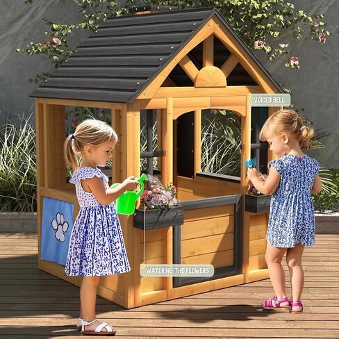 Jocoevol Kids Outdoor Playhouse, Cedar Wooden Kids Playhouse with Play Kitchen, Pet Door, Sink, Stove, Cookware, Windows, Flowerpot Holders, Ringing doorbell, Cottage Play House for Backyard in Kuwait