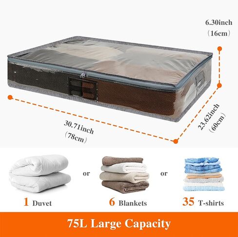 Vieshful 3 Pack Underbed Storage Bags 75L Foldable Clothes Bag Large Capacity Storage Containers with Clear Window Reinforced Handles Zippered Organizer Non-Woven for Comforters Blankets Bedding in Kuwait
