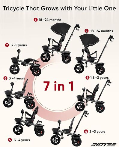 7-in-1 Tricycle for 18 Months to 5 Years, Rotatable Seat for Toddlers 1.5-3, Tricycle for 3-5 Years with DIY Stickers, All-Terrain Rubber Tires, Double Brake,Grey in Kuwait