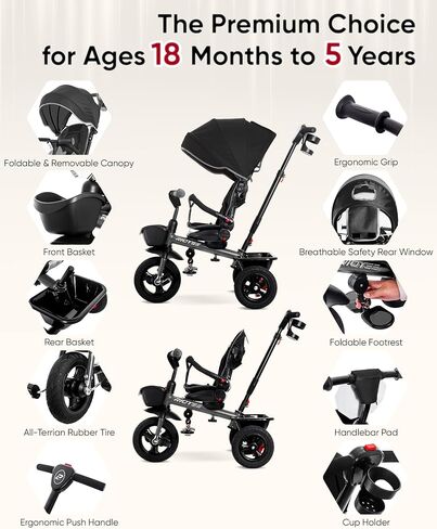 7-in-1 Tricycle for 18 Months to 5 Years, Rotatable Seat for Toddlers 1.5-3, Tricycle for 3-5 Years with DIY Stickers, All-Terrain Rubber Tires, Double Brake,Grey in Kuwait