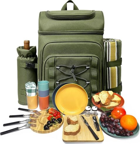 Hap Tim Picnic Basket Backpack for 4 Person with Blanket, Insulated Leakproof Cooler Compartment, Wine Holder, Cutlery Set, Engagement Gifts for Couples, White Elephant Gift Ideas, Green (36221-GR) in Saudi Arabia