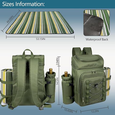 Hap Tim Picnic Basket Backpack for 4 Person with Blanket, Insulated Leakproof Cooler Compartment, Wine Holder, Cutlery Set, Engagement Gifts for Couples, White Elephant Gift Ideas, Green (36221-GR) in Saudi Arabia