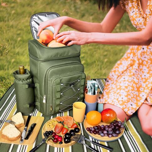 Hap Tim Picnic Basket Backpack for 4 Person with Blanket, Insulated Leakproof Cooler Compartment, Wine Holder, Cutlery Set, Engagement Gifts for Couples, White Elephant Gift Ideas, Green (36221-GR) in Saudi Arabia