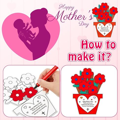 Kosiz 24 Pcs Mother's Day Color Your Own Cards Flower Pot Paper Mother's Day Religious Coloring Crafts Bulk Holiday Best Mom DIY Thankful Gift Card for Sunday Home Fun Activities in Kuwait