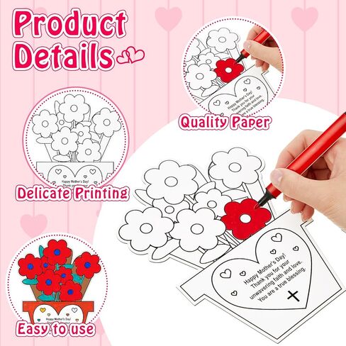 Kosiz 24 Pcs Mother's Day Color Your Own Cards Flower Pot Paper Mother's Day Religious Coloring Crafts Bulk Holiday Best Mom DIY Thankful Gift Card for Sunday Home Fun Activities in Kuwait