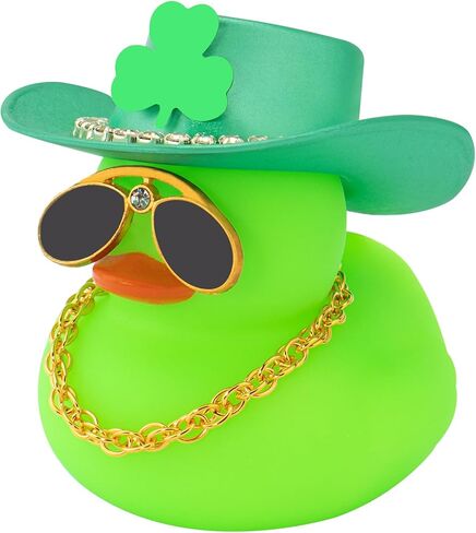 wonuu St. Patrick's Day Car Rubber Duck, Dashboard Decorations Green Shamrocks Hat Ducky for Car Ornament Accessories Ducks (Green Hat Gold Chain Green Duck) in Kuwait