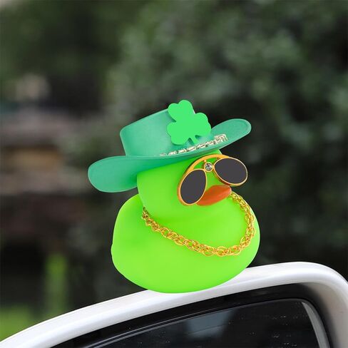 wonuu St. Patrick's Day Car Rubber Duck, Dashboard Decorations Green Shamrocks Hat Ducky for Car Ornament Accessories Ducks (Green Hat Gold Chain Green Duck) in Kuwait