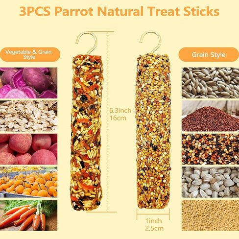3PCS Parakeet Treat,Natural Parrots Treat Sticks,Vegetable & Grain Style Sticks,Bird Treats for Cockatiel Lovebirds Budgies Canary Finches Conure in Kuwait