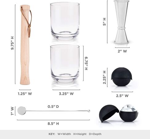 Viski Cocktail Muddler Set, 7-Piece Bartender Kit - Muddler, Double Jigger, Stir Stick, 2pcs Tumblers, 2pcs Ice Sphere Molds, Cocktail Tools Bar Tools in Kuwait