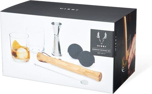 Viski Cocktail Muddler Set, 7-Piece Bartender Kit - Muddler, Double Jigger, Stir Stick, 2pcs Tumblers, 2pcs Ice Sphere Molds, Cocktail Tools Bar Tools in Kuwait