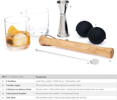 Viski Cocktail Muddler Set, 7-Piece Bartender Kit - Muddler, Double Jigger, Stir Stick, 2pcs Tumblers, 2pcs Ice Sphere Molds, Cocktail Tools Bar Tools in Kuwait