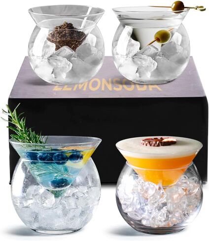 LEMONSODA Stemless Martini Glasses with Chiller - Elegant Cocktail Glass Set with Cavier Server Bowl - Beautiful Bar Martini Gift Set for Margarita, Cosmopolitan, Manhattan Cocktails (Set of 2) in Saudi Arabia
