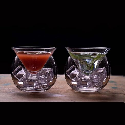 LEMONSODA Stemless Martini Glasses with Chiller - Elegant Cocktail Glass Set with Cavier Server Bowl - Beautiful Bar Martini Gift Set for Margarita, Cosmopolitan, Manhattan Cocktails (Set of 2) in Saudi Arabia