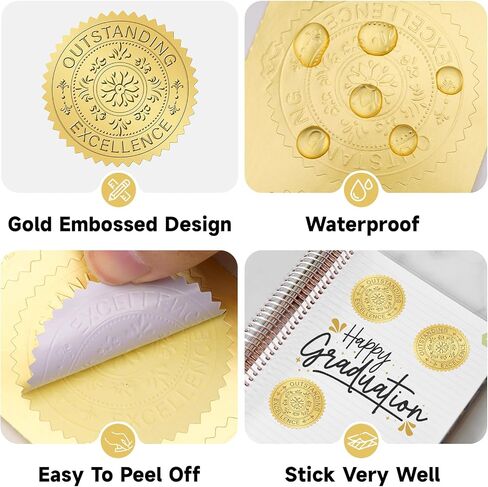 Anwyll Gold Seals ملصقات للشهادة - 2in 100pcs رقائق منقوشة التميز المتميز ملصق جائزة ملصقات الذهب المعدني الذهب ملصقات ملصقات لدبلوم الشهادة in Kuwait