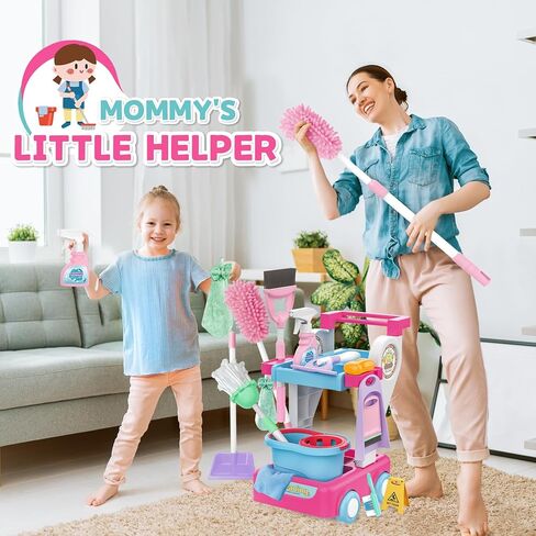 deAO Kids Cleaning Set for Toddlers, 17 PCS Pretend Play Detachable Housekeeping Cart with Broom,Dust Pan,Spray Bottle Children House Cleaning Tools,Kids Broom and Mop Set in Kuwait