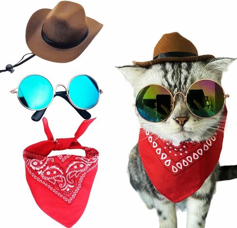 Dog Cowboy Costume Pet Cowboy Hat for Pet Dogs Cat Cowboy Hat with Bandana Scarf Set Party Accessories (Black) in Saudi Arabia