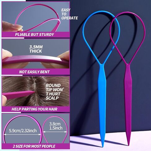 Teenitor 4pcs Pony Hair Tail Accessories, 2 Pairs French Braiding Tool, Turvy Styling Tool for Women Girls, Ponytail Pull Through Tool Purple/Blue in Saudi Arabia