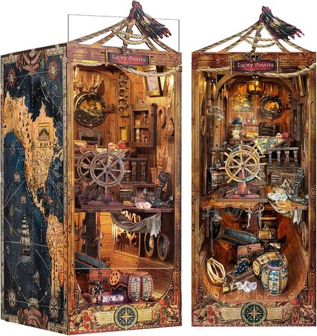 DIY Book Nook Kit - Pirate 3D Wooden Miniature Puzzles with LED Light Dollhouse Model Craft Kits for Adults Bookshelf Insert Decor - Halloween Christmas Birthday Gifts for Adults in Saudi Arabia