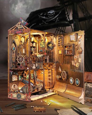 DIY Book Nook Kit - Pirate 3D Wooden Miniature Puzzles with LED Light Dollhouse Model Craft Kits for Adults Bookshelf Insert Decor - Halloween Christmas Birthday Gifts for Adults in Saudi Arabia