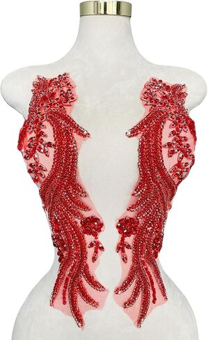 Handmade Rhinestones lace Appliques sew on Beads Trim Patches for Dress Clothing Accessories 1Pair/Bag 5.5X20.4inches (Rose red) in Saudi Arabia