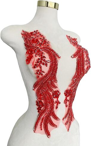Handmade Rhinestones lace Appliques sew on Beads Trim Patches for Dress Clothing Accessories 1Pair/Bag 5.5X20.4inches (Rose red) in Saudi Arabia