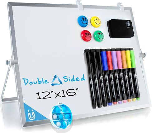 Dry Erase White Board, 16inX12in Large Magnetic Desktop Whiteboard with Stand, 8 Markers, 4 Magnets, 1 Eraser, Portable Double-Sided White Board Easel for Office Memo to Do List Desk School for Kids in Saudi Arabia