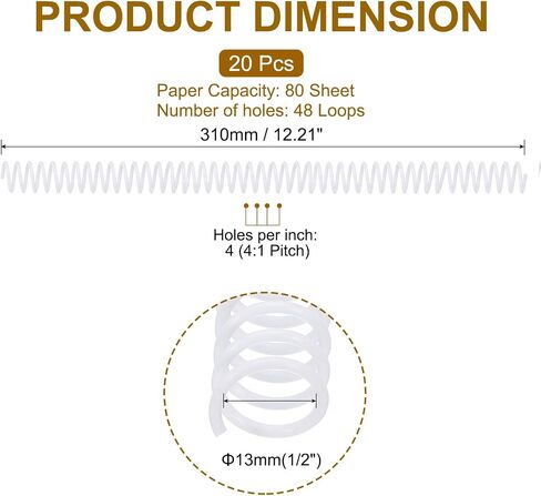 PATIKIL 20 Pack Plastic Spiral Binding Coils, 13mm(1/2") Binding Coils 80 Sheet Capacity Spiral Binder Rings 4:1 Pitch for Office Classroom, White in Kuwait