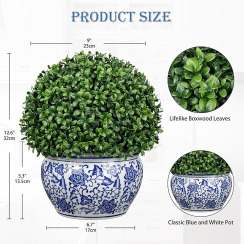DILATATA Preserved Boxwood Ball in Blue and White Ceramic Pot, Boxwood in Planters Preserved Plant Topiary for Table Centerpiece Indoor Plant Home Decor in Saudi Arabia