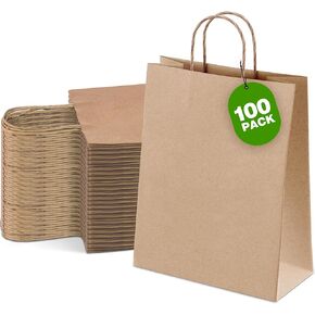 Ginkgo 100 PCS Paper Gift Facs with Handles ، Brown Paper Facs 8x4.25 × 10.25 بوصة ، حفلة متوسطة الحجم تفضل حقيبة Kraft Bag Bag bag