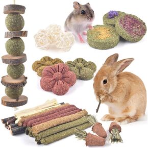 ERKOON 42PCS Bunny Chew Toys, Rabbit Chew Toys for Teeth Grinding, Improve Dental Health, 100% Natural Apple Wood Timothy Grass Cake Treats for Rabbits Guinea Pigs Chinchillas Bunnies Hamsters