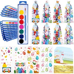 24 Set Easter Watercolor Gifts with Bunny Gift Tags 8 Colors Watercolor Paint with Brush Happy Easter Painting Gifts with Goodie Bags for Basket Stuffer Spring Crafts Party Favors