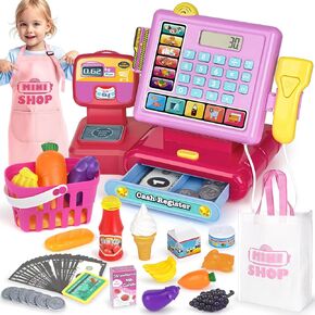لعبة Dreamon Kids Cash Record Toy ، Play Play Calculator Record Toys مع الماسح الضوئي ، المئزر ، بطاقة الائتمان ، حقيبة الطعام والتسوق ، هدية PlaySet PlaySet لمستتشف البقالة للأطفال 3 4 5 6 7