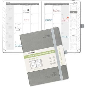 POPRUN Monthly Planner 2025-2026 (Medium- 6.5'' x 8.5'' Soft Cover), 18-Month Calendar Book (Jul.2025-Dec.2026), Calendar Planner with Monthly Tabs & Pocket, 100 GSM Paper - Pink