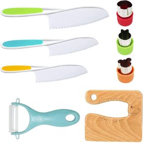 RISICULIS 11 Pieces Wooden Kids Kitchen Knife, Kids Knife Set Include Wood Kids Knife, Serrated Edges Plastic Toddler Knife, Crinkle Cutter, Sandwich Cutter, Y Peeler, Cutting Board