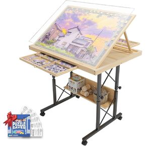 1500 Piece Jigsaw Puzzle Table with Legs for Adults, 5-Tilting-Angle & Height Adjustable Table with Draws, Wooden Puzzle Board with Extended Support Bar & 4 Wheels