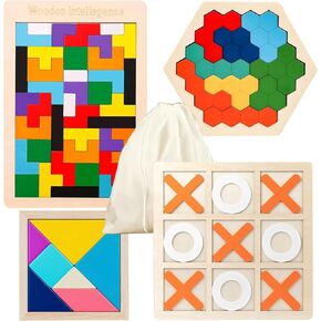 2 Pack Wooden Russian Blocks Puzzle & Hexagon Puzzles for Kids & Adults, Wooden Block Puzzle Intelligence Brain Teasers Toy Logic Game STEM Educational Gift for Children