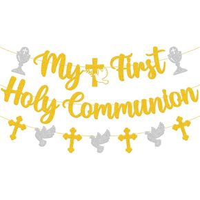 My First Holy Communion Banner Glitter Gold Religious Celebration Decoration My Baptism Christening God Bless Theme for Christian Kids Boy Girl First Holy Communion Party Supplies