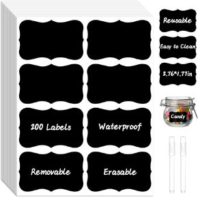 200 Chalkboard Labels, Waterproof Reusable Blackboard Stickers, Removable Labels for Storage Bins Food Containers, Label Stickers for Spice Jars Pantry Mason Bottle with 2 Liquid Chalk Marker