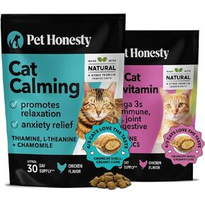 PET الصدق Cat مهدئ + Cat Multivitamins مزدوج ملحق ملحق ملحق - يساعد على تقليل التوتر والقلق ، ويدعم صحة المناعة ، والمفاصل ، والبشرة والمعطف ، والهضم
