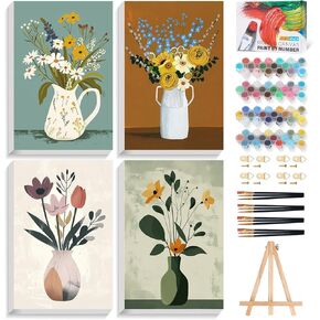 Fountor 4 Pack Framed Paint by Numbers Kit for Adults Beginners with Wooden Easel, DIY Landscape Arts and Crafts for Adults, Painting by Numbers for Home Wall Decor, 8x12 inch