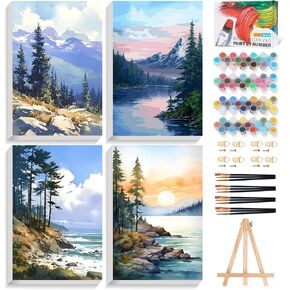 Fountor 4 Pack Paint by Numbers مجموعة للمبتدئين الكبار مع الحامل الخشبي ، فنون المناظر الطبيعية DIY والحرف للبالغين ، الرسم بأرقام لديكور الجدار المنزلي ، 8 × 12 بوصة in Kuwait